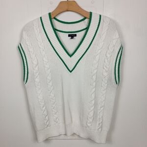 Talbots Preppy Academia Sweater Vest Medium Womens White Green Cable Knit Golf